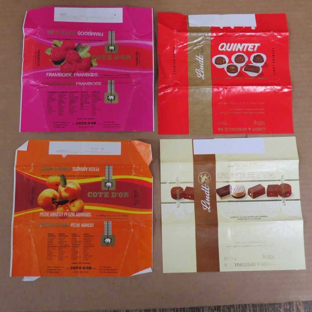 Lot of 4 Vintage 1970s European Cote D'Or and Lindt Chocolate Candy Wrappers